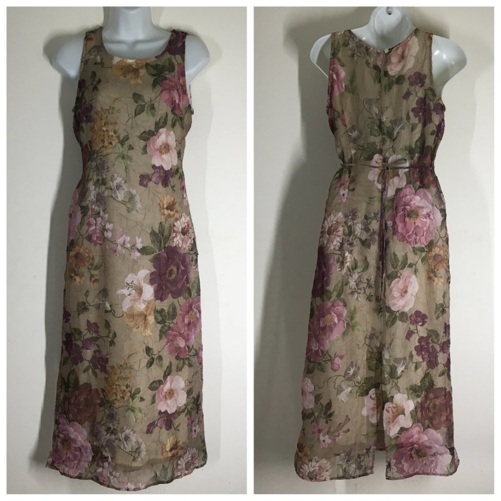Christy Lyn Taupe Pink Green Flowered Dres…